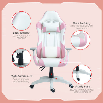 HOMCOM Faux Leather Colour Block Gaming Chair, with 135\'c2\'b0 Reclining Back - Pink/White 