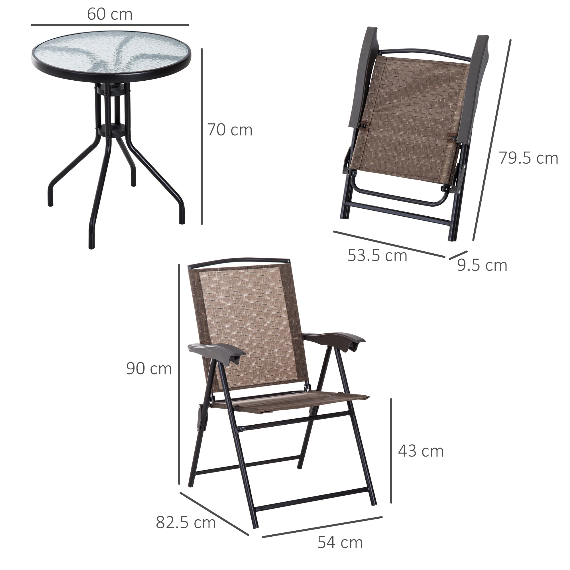 Outsunny 3 Piece Outdoor Bistro Set, Patio Conversation Furniture Set with 2 Folding Backrest Adjustable Armchairs and Glass Top Coffee Table, Brown 