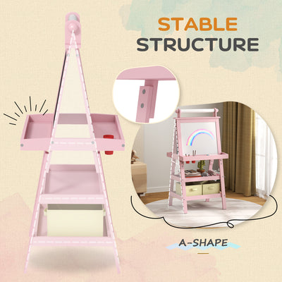 AIYAPLAY 3 in 1 Kids Easel Double-Sided Magnetic Whiteboard and Chalkboard with Paper Roll, Storage Baskets - Pink 