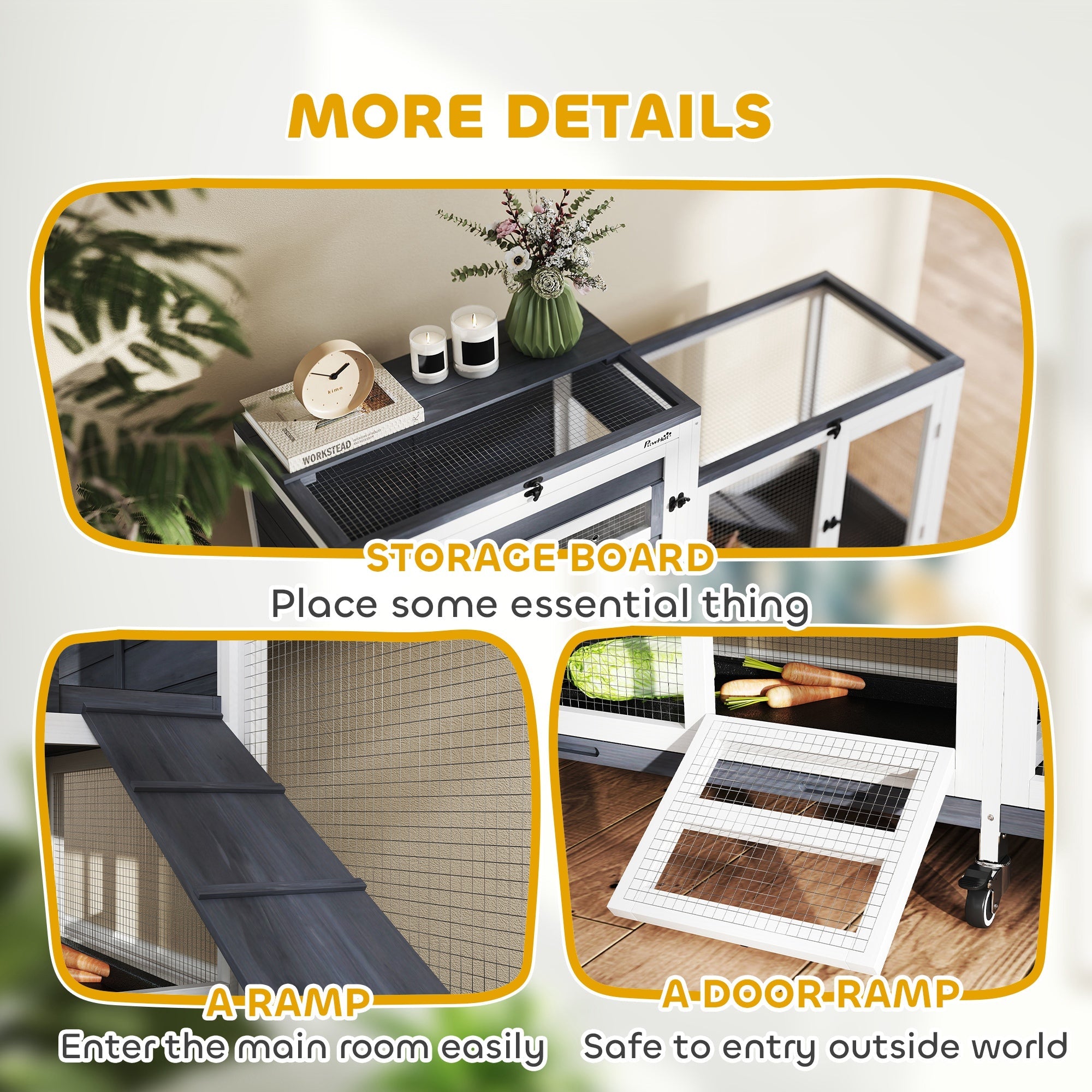 PawHut Wooden Rabbit Hutch with Run, 2-Tier Guinea Pig Hutch with Run, Wheels, 3 Plastic Trays, 2 Openable Top, for 2-3 Rabbits 