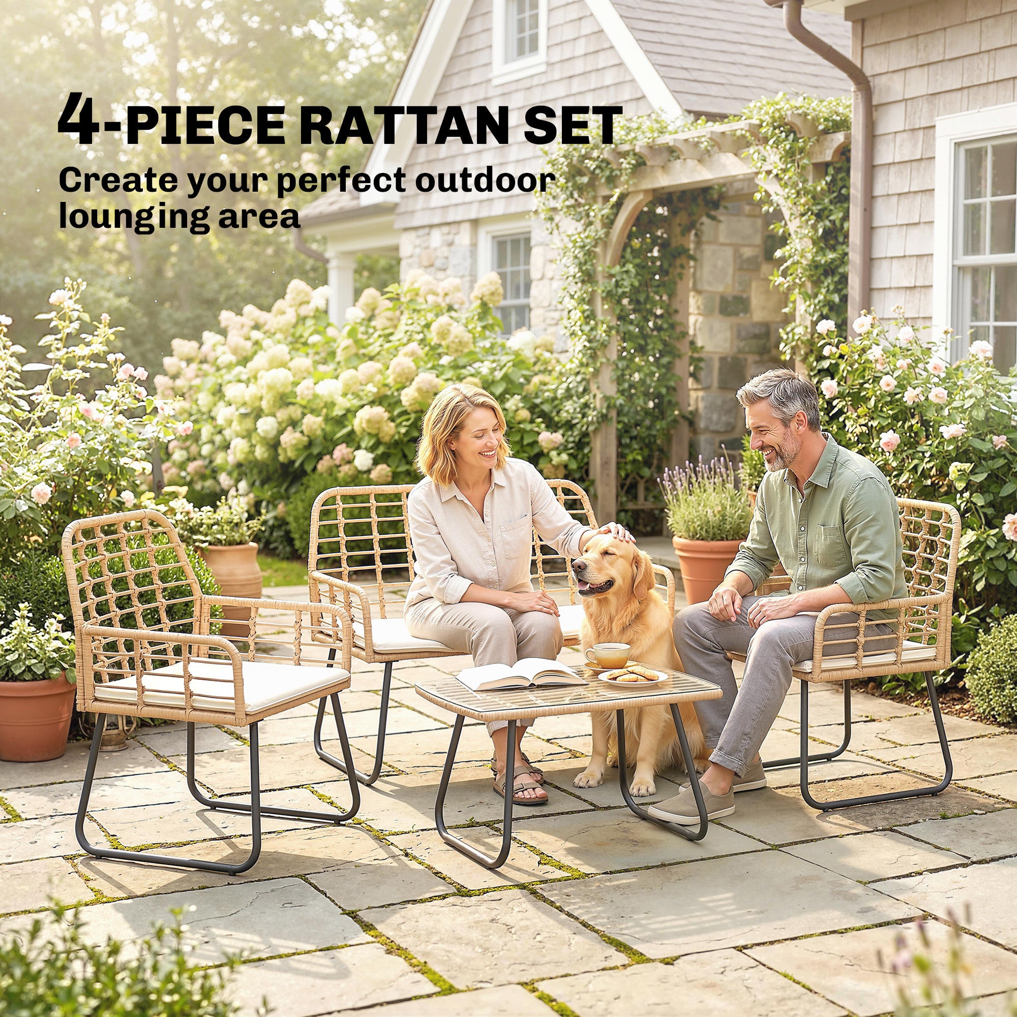 Outsunny 4 Piece Rattan Garden Furniture Set, Outdoor Patio Furniture with Loveseat, Armchairs and Coffee Table 