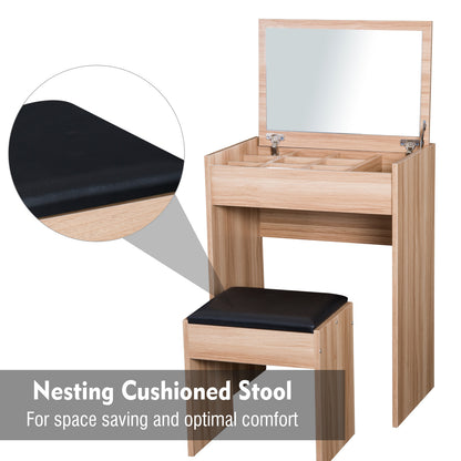 HOMCOM Dressing Table with Mirror and Stool, Vanity Makeup Table with Flip Up Mirror, Vanity Desk with Storage Unit and Padded Seat, Wood 