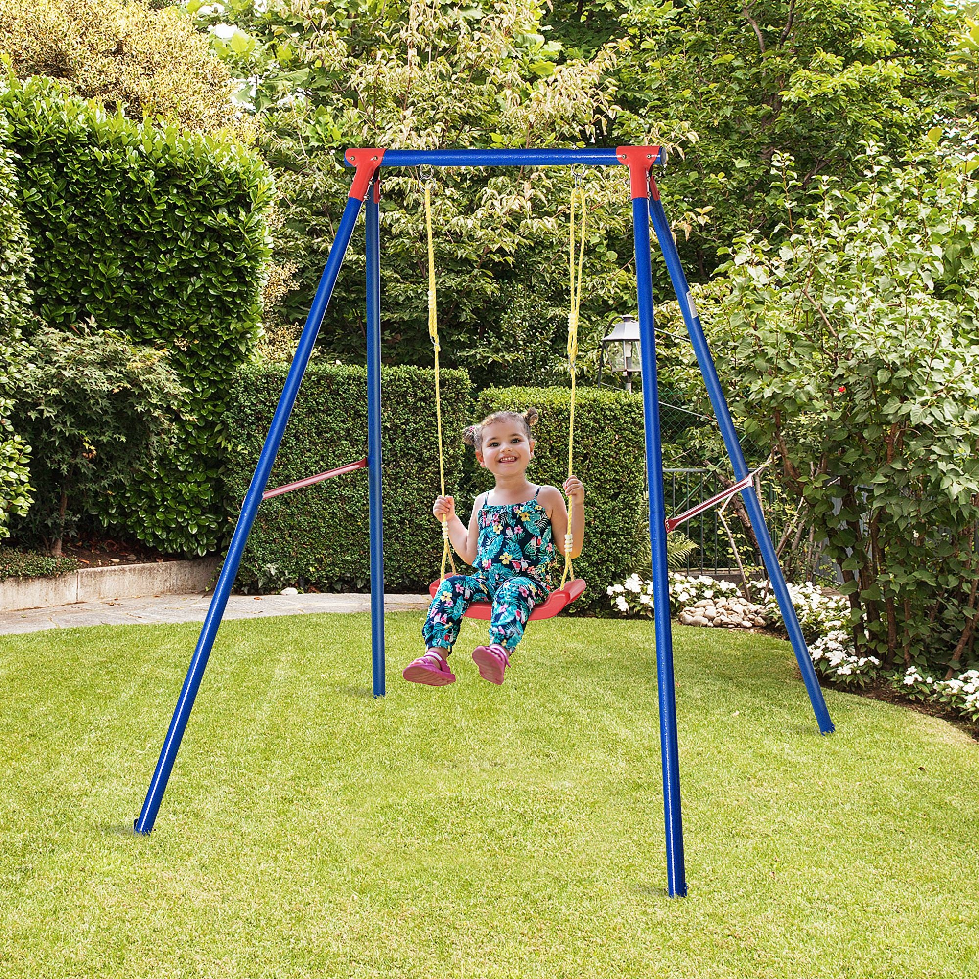 Outsunny Kids Swing Set Toddler Swing Adjustable Rope Heavy Duty A-Frame Stand Outdoor Playset for 3-8 Years Old Blue 