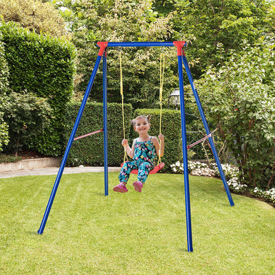 Outsunny Kids Swing Set Toddler Swing Adjustable Rope Heavy Duty A-Frame Stand Outdoor Playset for 3-8 Years Old Blue 