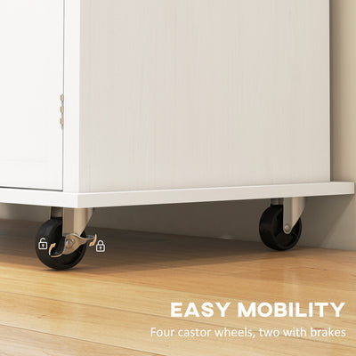 HOMCOM Rolling Kitchen Island Storage Trolley with Rubber Wood Top & Drawers for Dining Room, White 