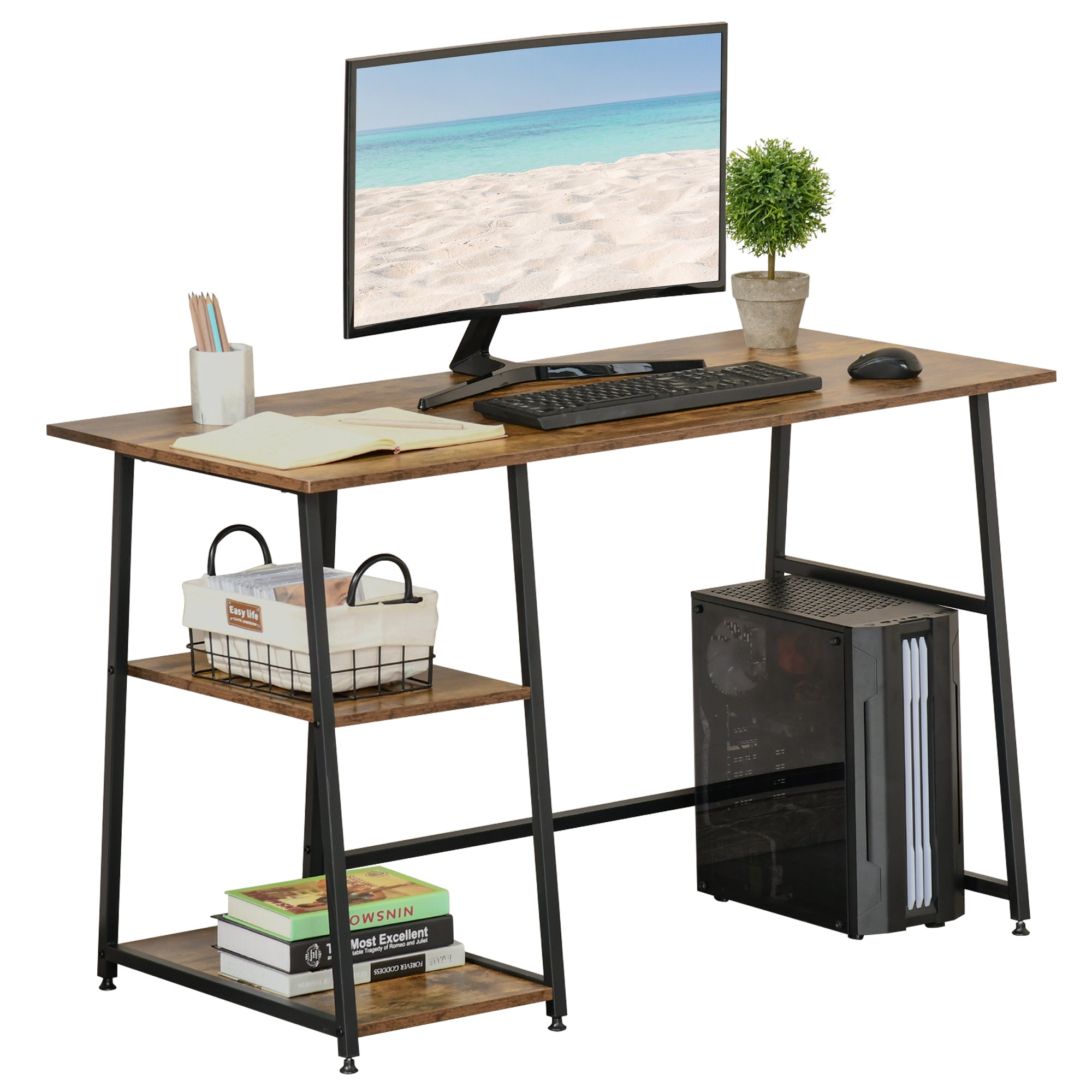 HOMCOM Computer Desk with Storage, Industrial Home Office Desk with 2 Tier Shelves and Steel Frame, Work Desk for Study Room, Black and Rustic Brown 