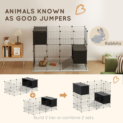 PawHut DIY Small Animal Cage with Elevated Huts, C&C Cage for Guinea Pigs, Hedgehogs, Rabbits, 31 Panels, Black 