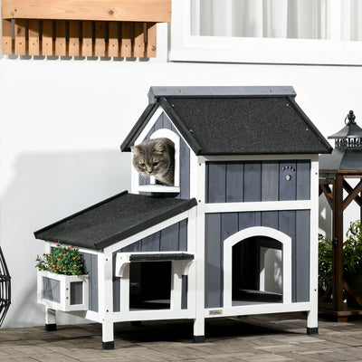 PawHut Wooden Cat House with Flower Pot, Windows, Multiple Entrances, Water-Resistant Roof for Outdoor - Grey 