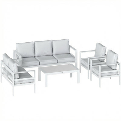 Outsunny 5 Pieces Aluminium Garden Furniture Set with Olefin Cushions, Extra Deep Outdoor Garden Sofa Set, White 