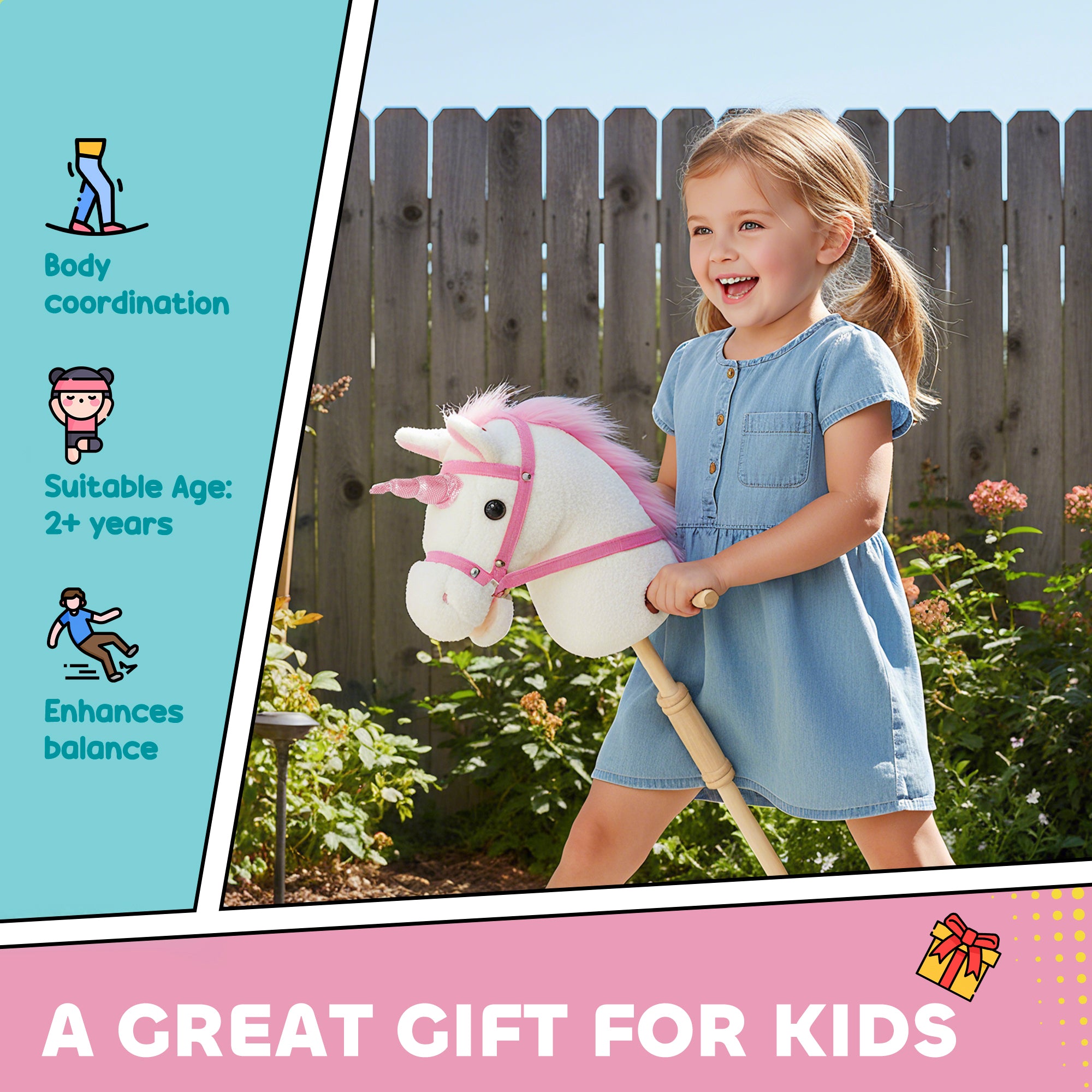 AIYAPLAY Unicorn Stick Horse with Wood Wheels, Real Pony Neighing and Galloping Sounds, Grip Handle, 95 cm, White 