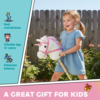 AIYAPLAY Unicorn Stick Horse with Wood Wheels, Real Pony Neighing and Galloping Sounds, Grip Handle, 95 cm, White 
