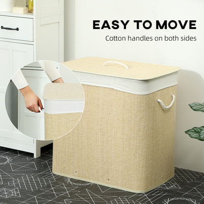 HOMCOM 3 Section Laundry Basket with Lid, 144L Bamboo Laundry Hamper with Handles, Removable and Washable Liner, Cream White