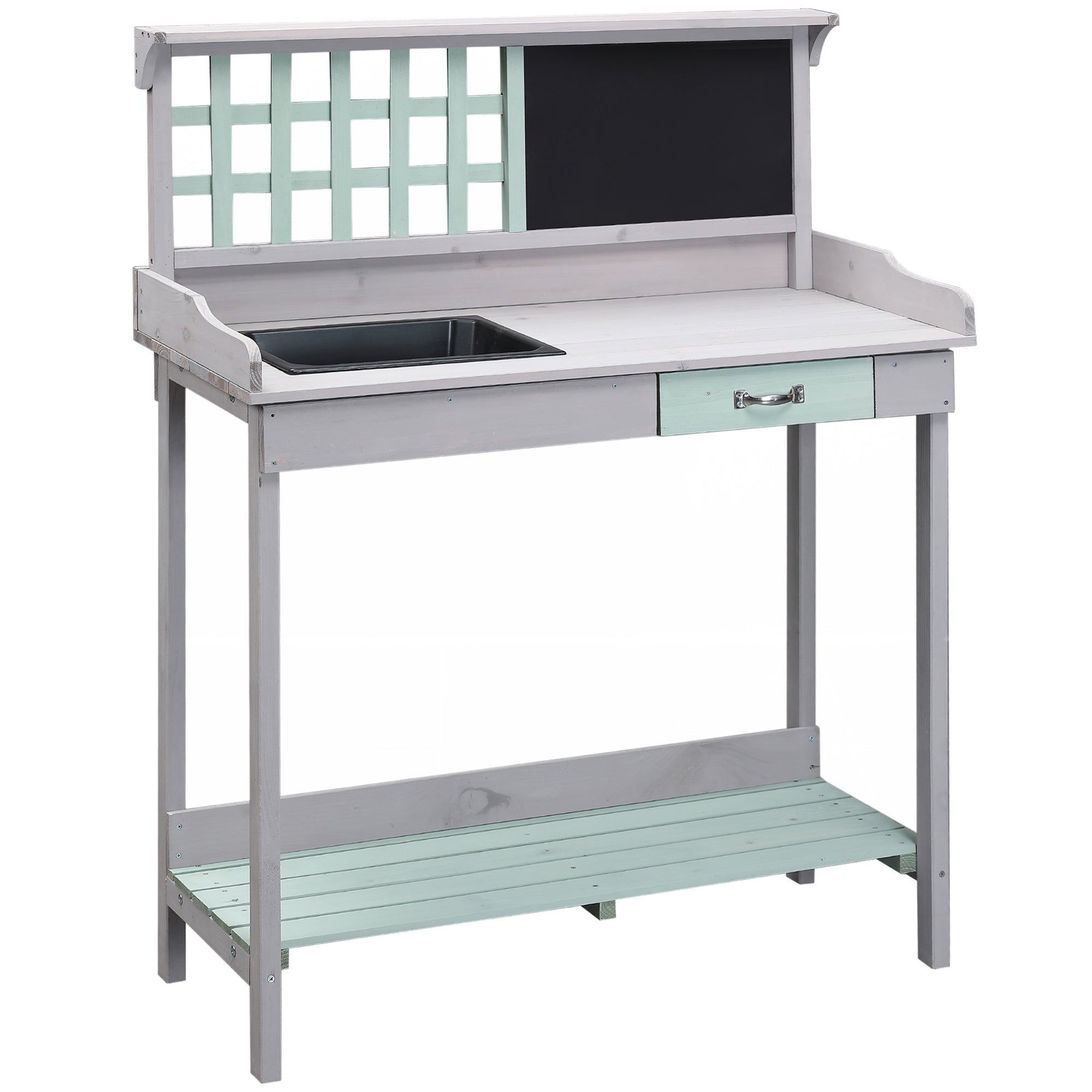 HOMCOM Garden Potting Table with Sink, Blackboard and Drawer, Wooden Planting Work Bench Workstation Outdoor Tool Storage Shelves 