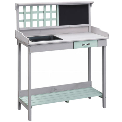 HOMCOM Garden Potting Table with Sink, Blackboard and Drawer, Wooden Planting Work Bench Workstation Outdoor Tool Storage Shelves 