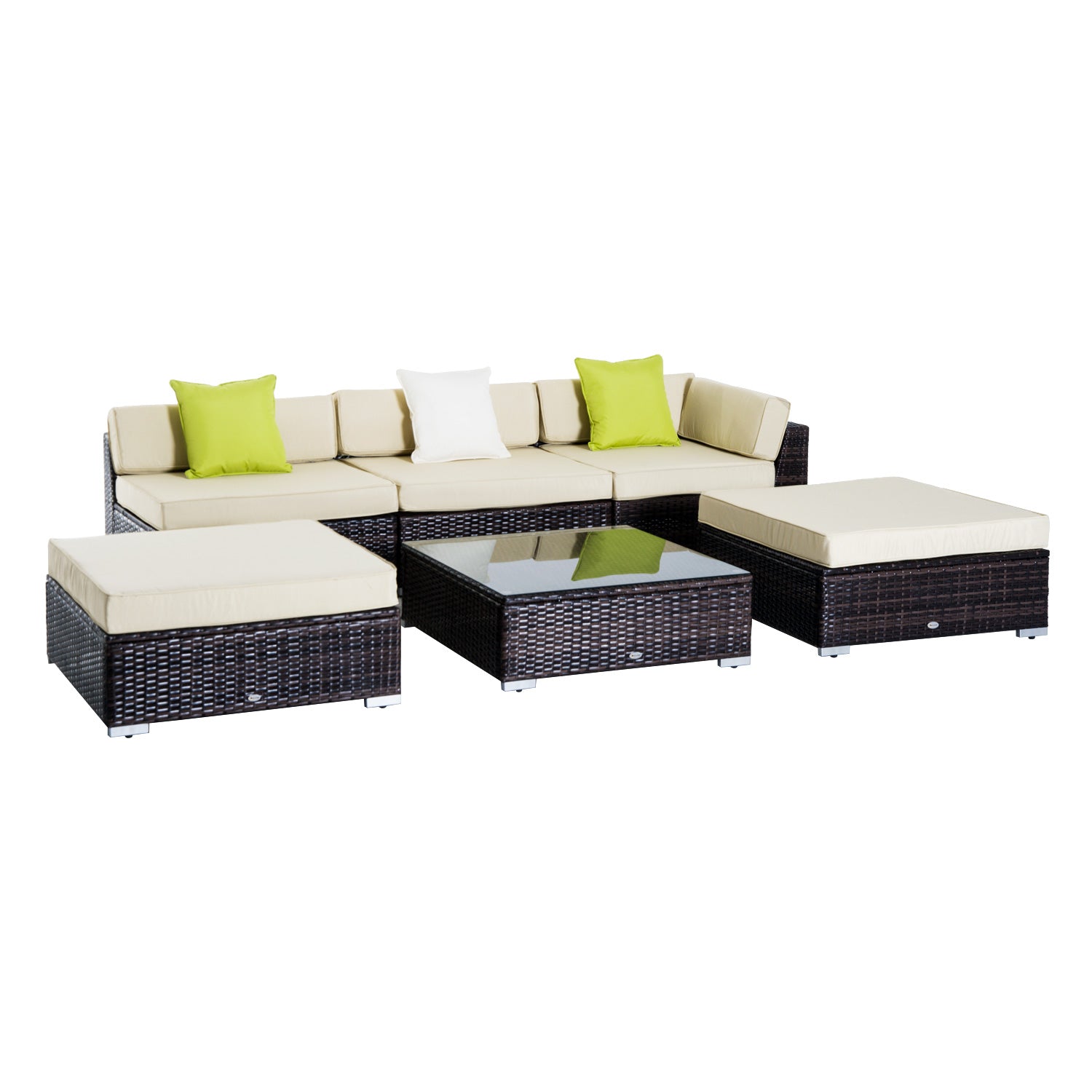 Outsunny 6 PC Rattan Sofa Coffee Table Set Sectional Wicker Weave Furniture for Garden Outdoor Conservatory w/ Pillow Cushion Brown 