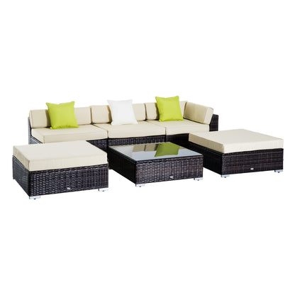 Outsunny 6 PC Rattan Sofa Coffee Table Set Sectional Wicker Weave Furniture for Garden Outdoor Conservatory w/ Pillow Cushion Brown 