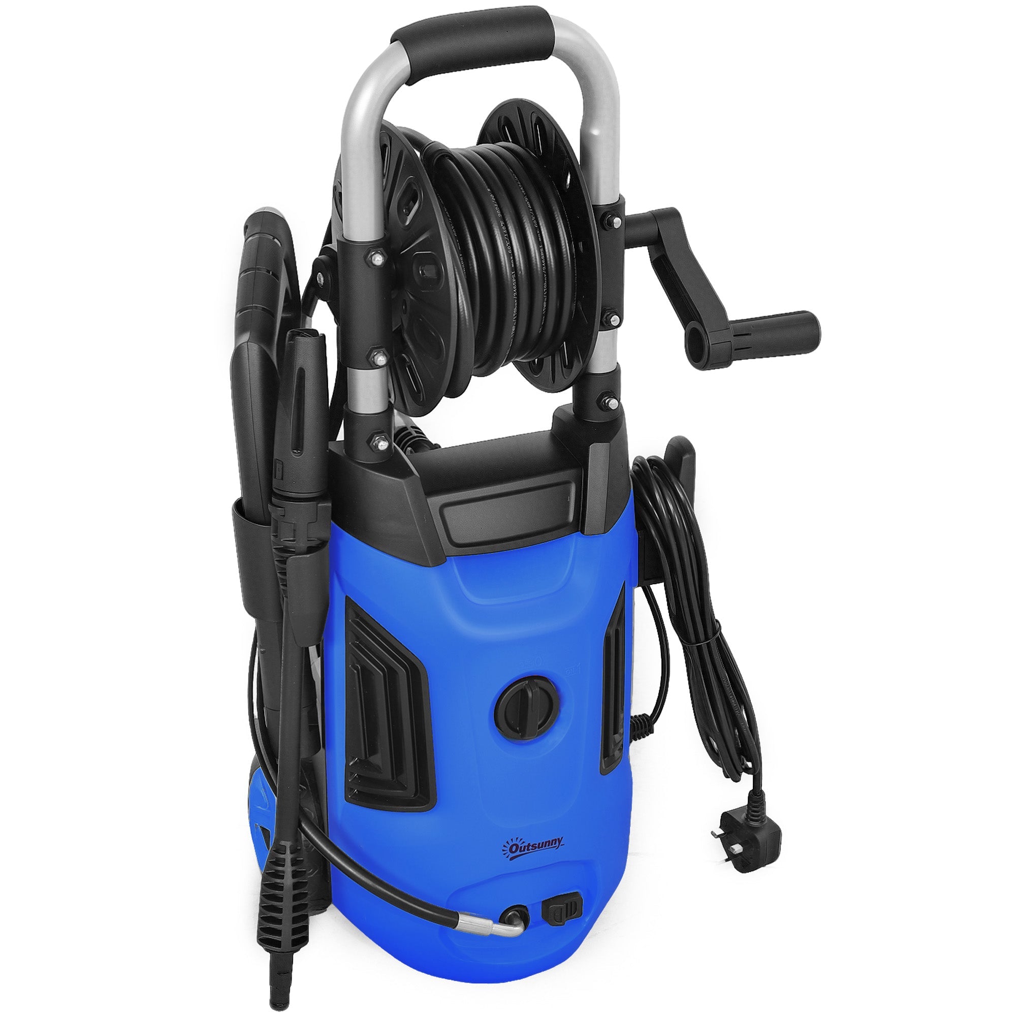 Outsunny 1800W High Pressure Washer, 150 Bar Pressure, 420 L/h Flow, Portable Power Washer Jet Wash Cleaner with Adjustable Nozzle, 6M Hose, Hose Reel, Steel Handle for Home Patio Car Driveway, Blue 