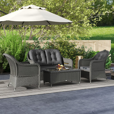 Outsunny Four-Piece Rattan Sofa Set, with Glass-Top Table - Light Grey 