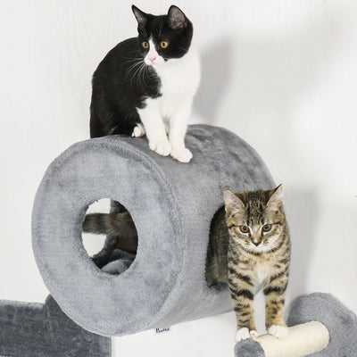 PawHut 4PCs Wall-Mounted Cat Tree, with Steps, Perch, Cat House - Grey 