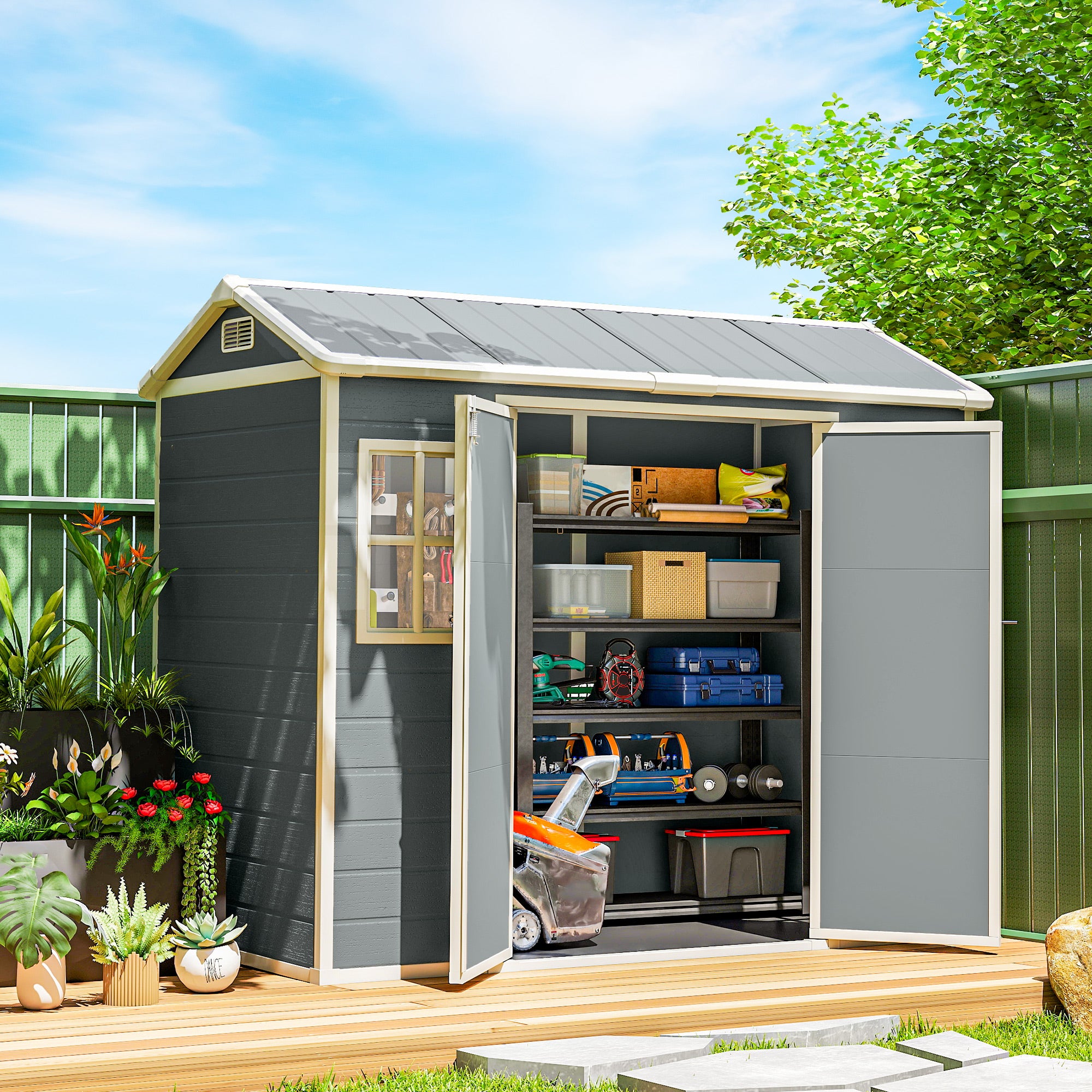 Outsunny 8 x 4 ft Resin Garden Shed, Wood-Effect Outdoor Storage Shed with Floor, Windows, Lockable Doors and Vents, Light Grey 
