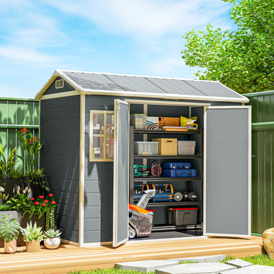 Outsunny 8 x 4 ft Resin Garden Shed, Wood-Effect Outdoor Storage Shed with Floor, Windows, Lockable Doors and Vents, Light Grey 