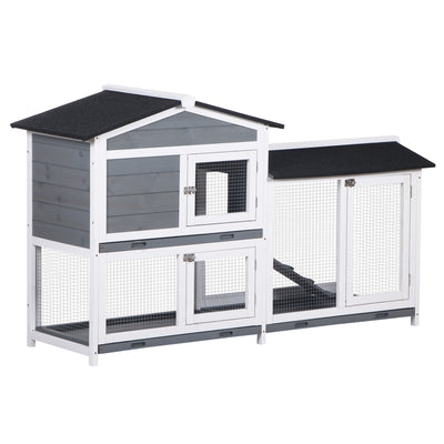 PawHut Wooden 2-Tier Rabbit Hutch w/ Tray Ramp Grey 