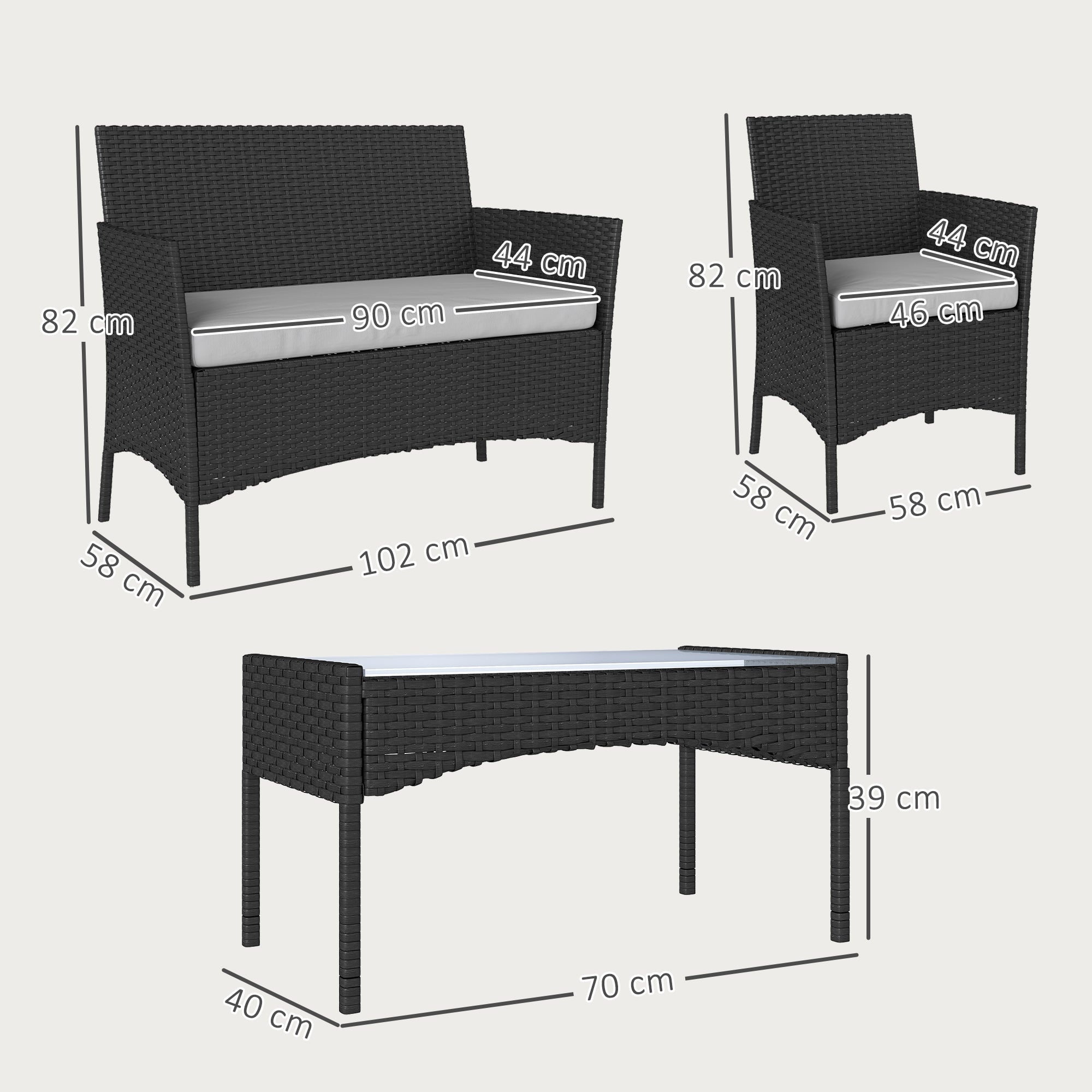 Outsunny 4 Piece Rattan Garden Furniture Sofa Set with Loveseat, Armchairs, Glass-Top Coffee Table and Cushions, Black 