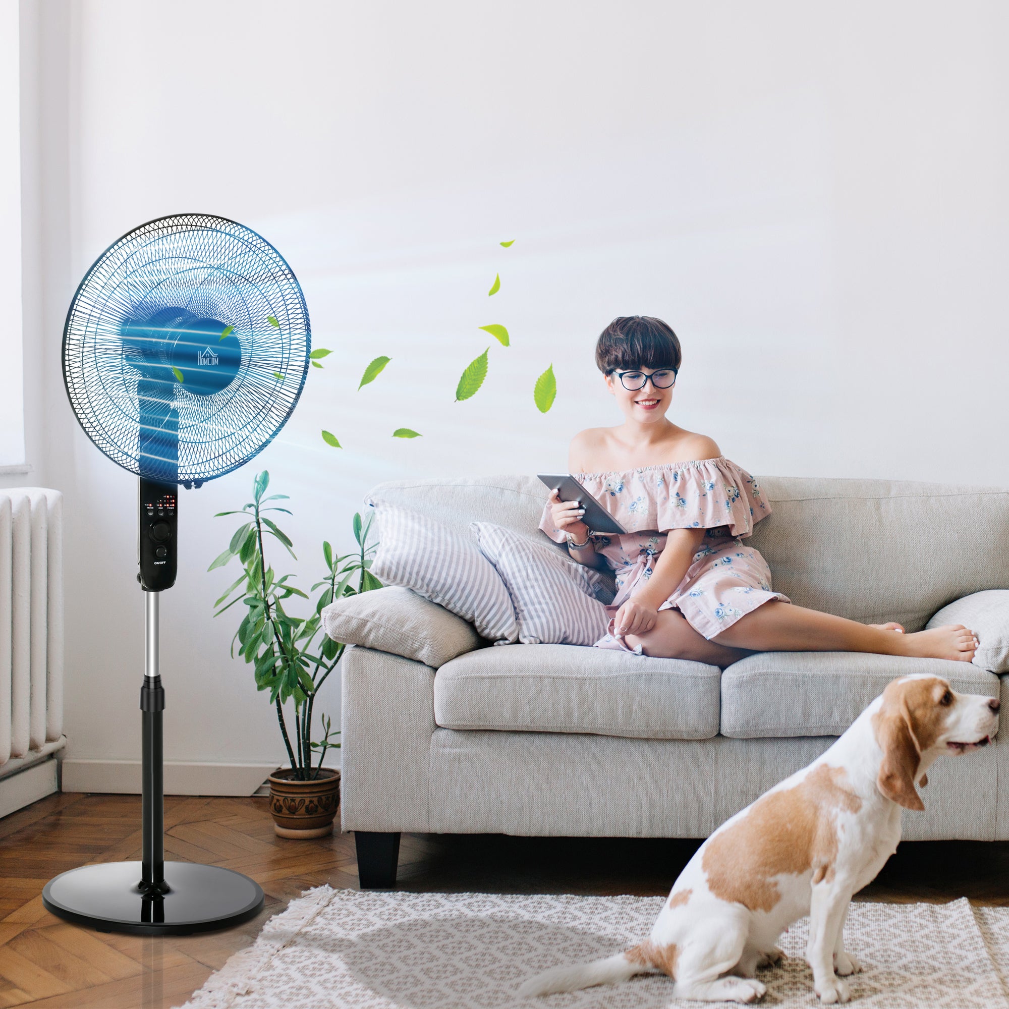 HOMCOM 18" Pedestal Fan, Oscillating Standing Fan with Remote Control, Floor Fan with Adjustable Height, 3 Speed, 7.5-Hour Timer, Black 