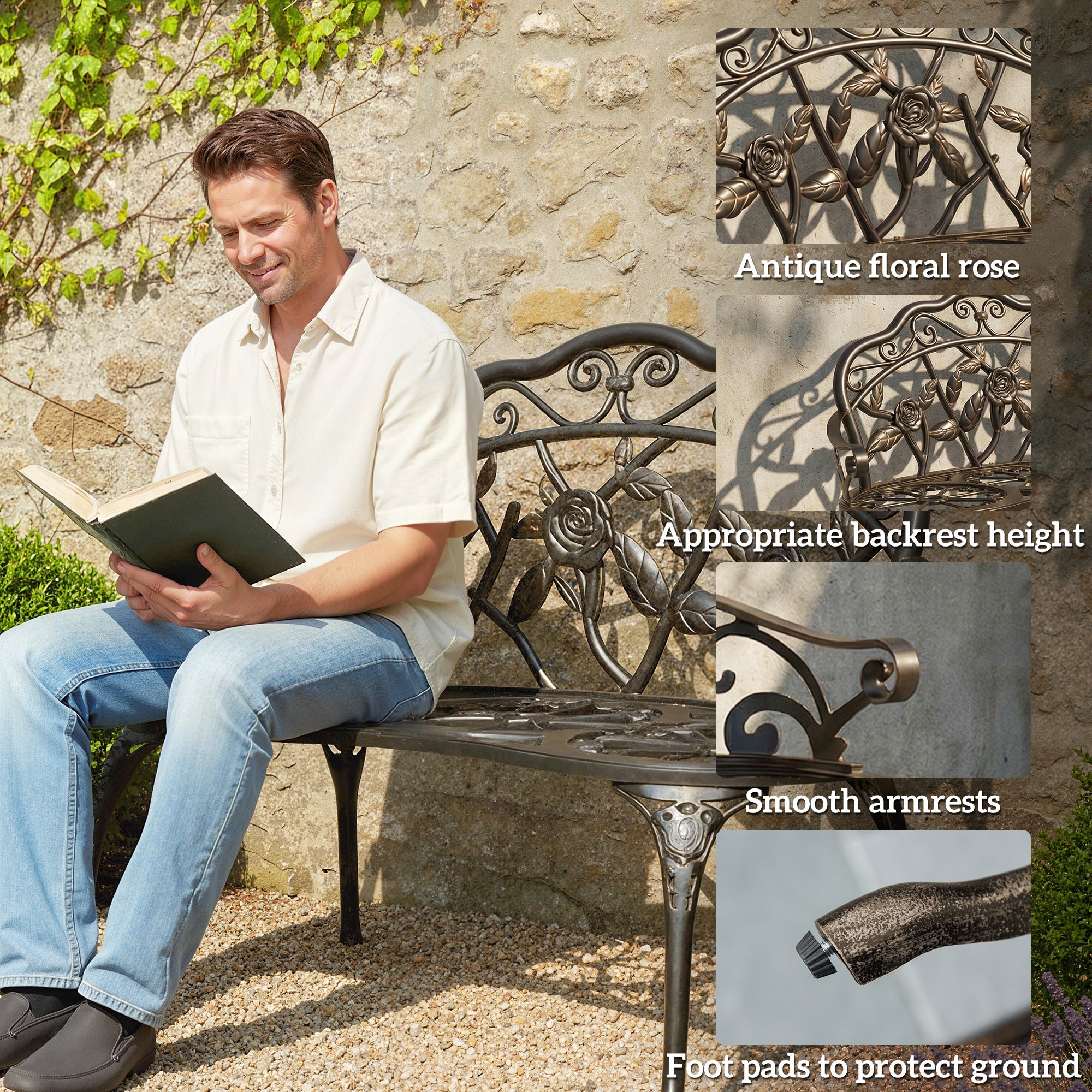 Outsunny Cast Aluminium Garden Bench - Bronze Tone 