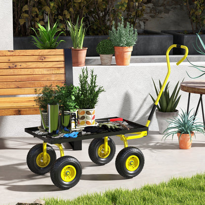 Outsunny Garden Trolley Cart, Heavy Duty Garden Cart with Metal Frame, 10" Pneumatic Wheels, Rotating Handle, 150kg Capacity, for Garden, Farm, Yellow 