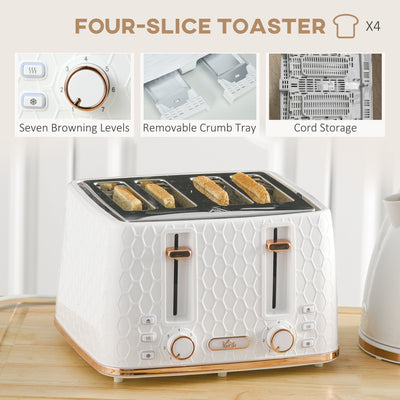 HOMCOM 1.7L 3000W Fast Boil Kettle & 4 Slice Toaster Set, Kettle and Toaster Set with 7 Browning Controls, Crumb Tray, White 