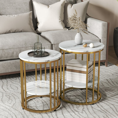 HOMCOM Set of Two Marble-Effect Coffee Tables - White/Gold-Tone 