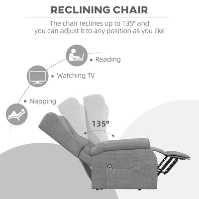 HOMCOM Power Lift Recliner Armchair, Electric Lift Chair for Elderly, Fabric Riser and Reclining Chair with Remote Control, Side Pockets, Extended Footrest, for Living Room, Grey 