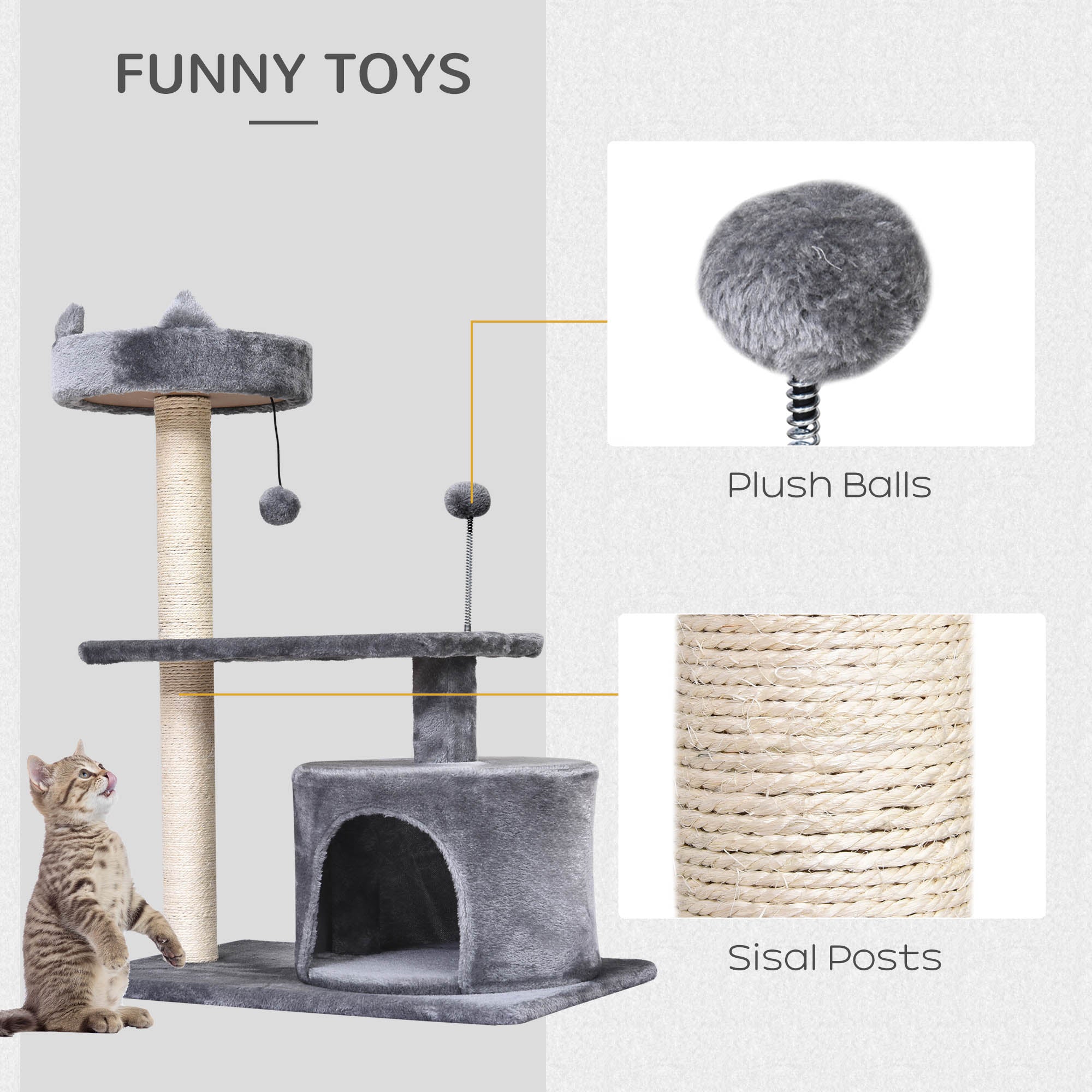 PawHut Cat Tree for Indoor Cats with Scratching Post Climbing Tower Kitty Activity Centre Condo Perch Jumping Platforms Grey 60L x 40W x 81H cm 