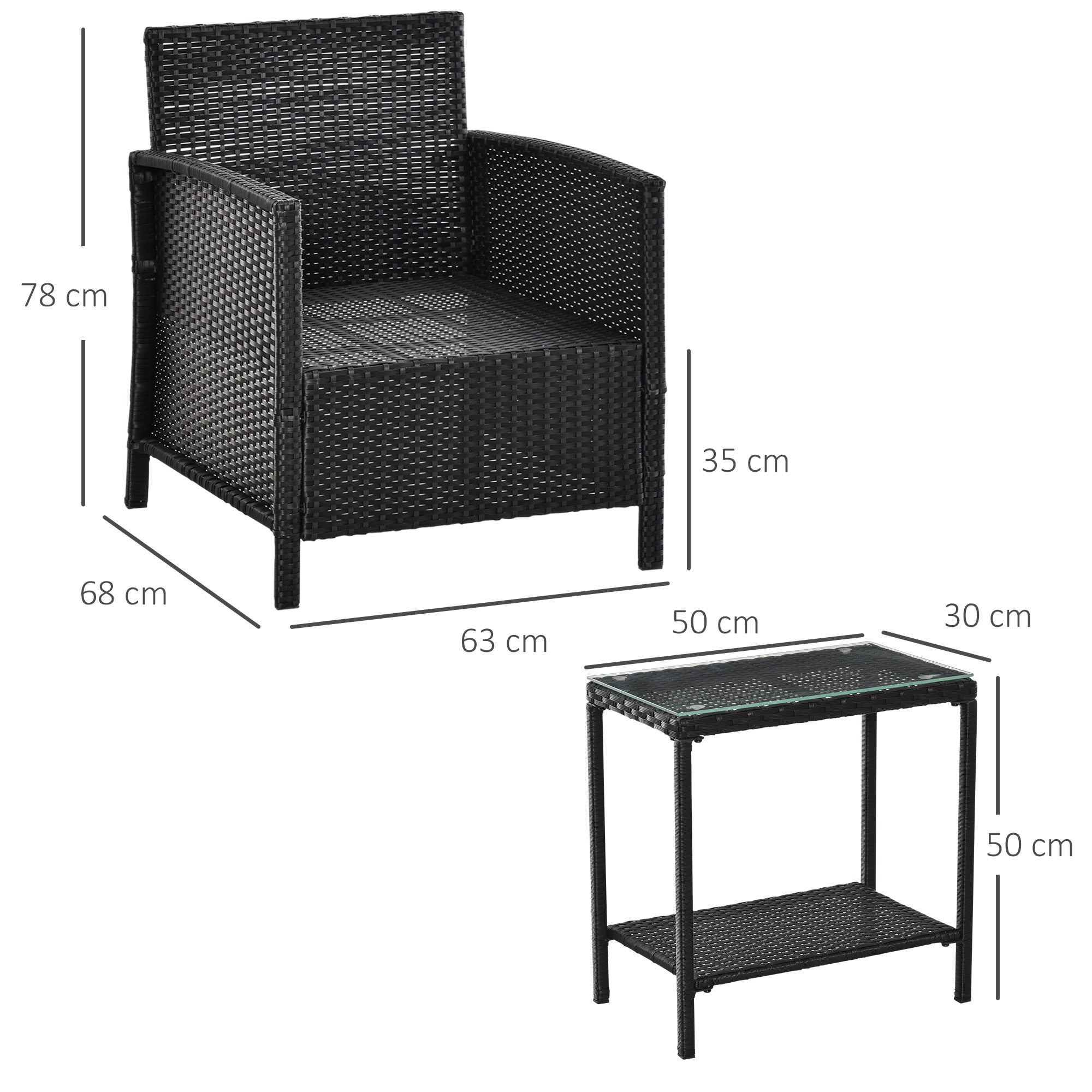 Outsunny 2-Seater PE Rattan Side Table & Armchair Bistro Set Jack and Jill Seat w/ Pillows Black 