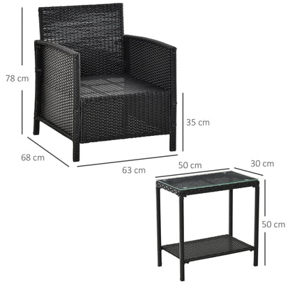 Outsunny 2-Seater PE Rattan Side Table & Armchair Bistro Set Jack and Jill Seat w/ Pillows Black 