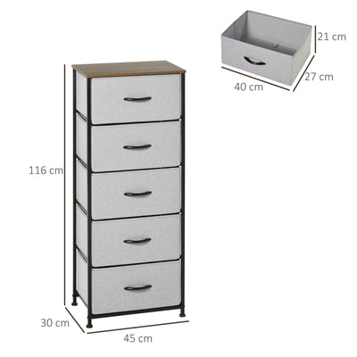 HOMCOM Fabric Chest of Drawers, Storage Drawers, Industrial Bedroom Dresser with 5 Fabric Drawers, Steel Frame and Wooden Top for Nursery, Living Room, Hallway, Grey 