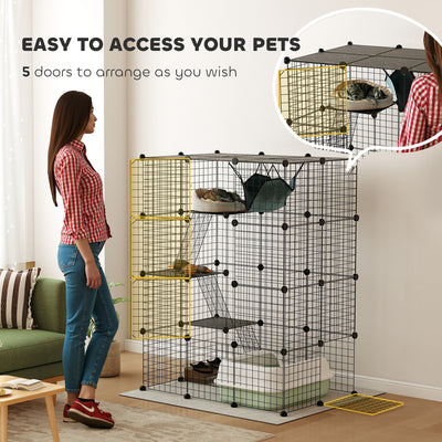PawHut 4-Tier DIY Large Cat Cage with Hammock, Ramps, 5 Doors, Indoor Use for 1-3 Cats, Black 