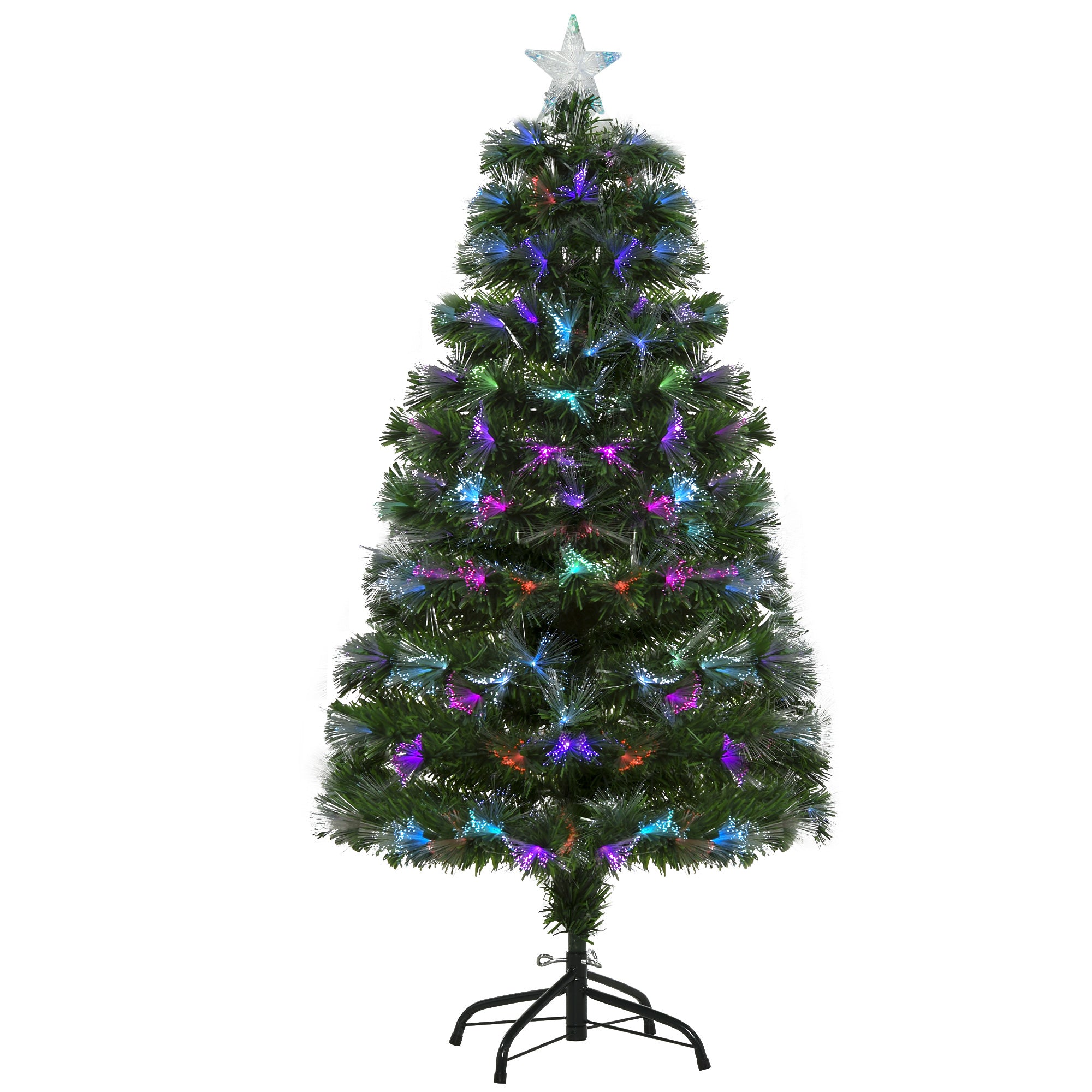 HOMCOM 4FT Multicoloured Artificial Christmas Tree w/ Fibre Optic Lights Pre-Lit Modes Metal Stand Star Holder Home Seasonal Decoration 