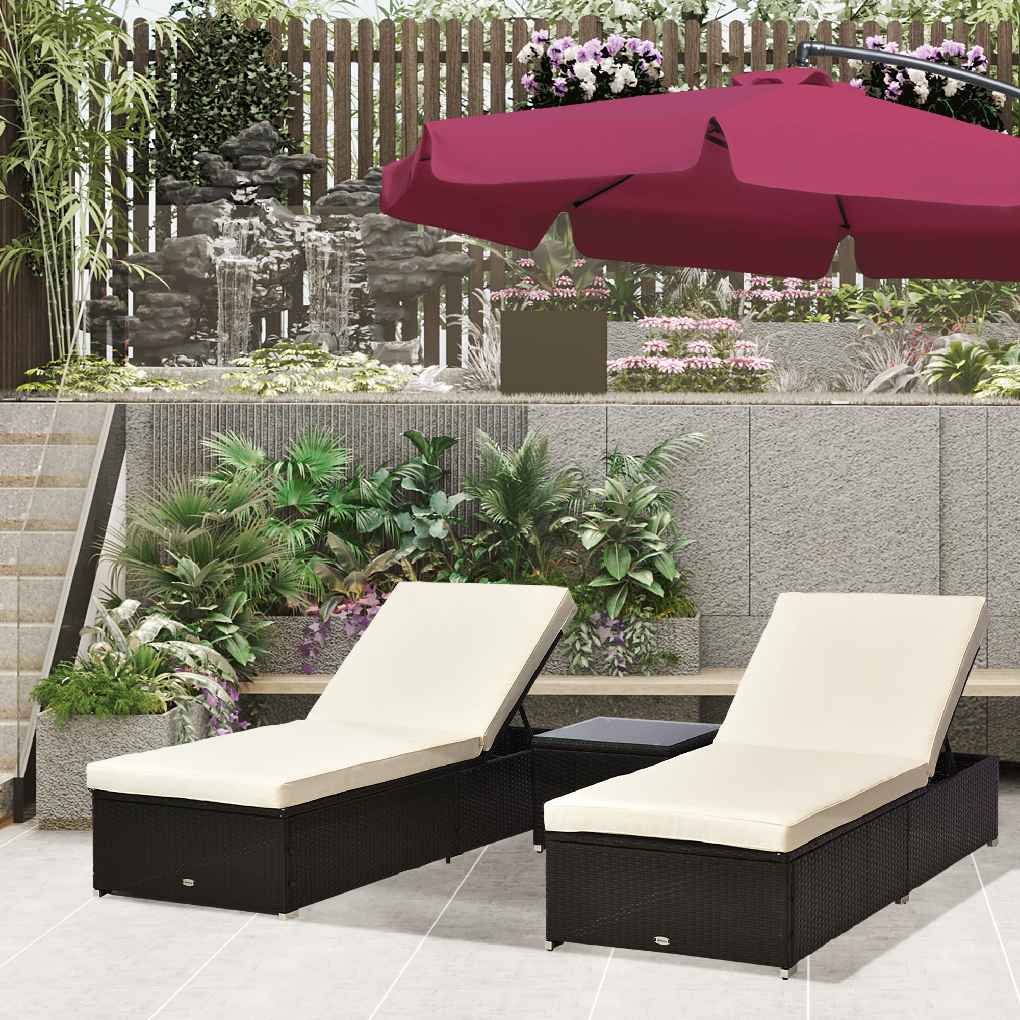 Outsunny 2-Seater Rattan Lounger Set-Deep Coffee/Cream White 