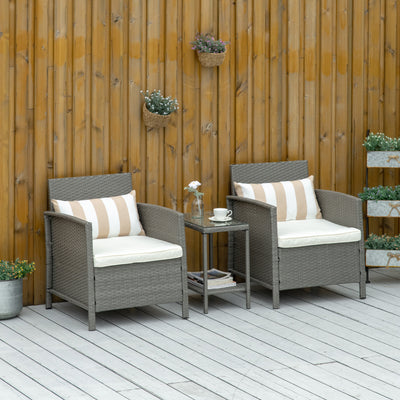 Outsunny 3 Pieces Rattan Bistro Set, Wicker Garden Furniture Set, Glass Top 2-tier Coffee Table and Chairs Set with Pillows and Washable Cushions for Outdoor, Patio, Balcony, Light Grey 