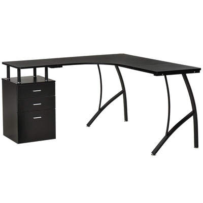 HOMCOM L-Shaped Computer Desk Table with Storage Drawer, Home Office Desk Corner Industrial Style Workstation for A4 Files 143.5 x 143.5 x 76cm, Black 