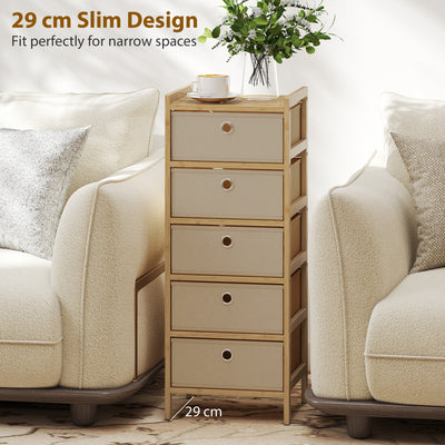 HOMCOM Chest of Drawers, 5 Fabric Drawers Narrow Dresser with Bamboo Frame, Cream White 
