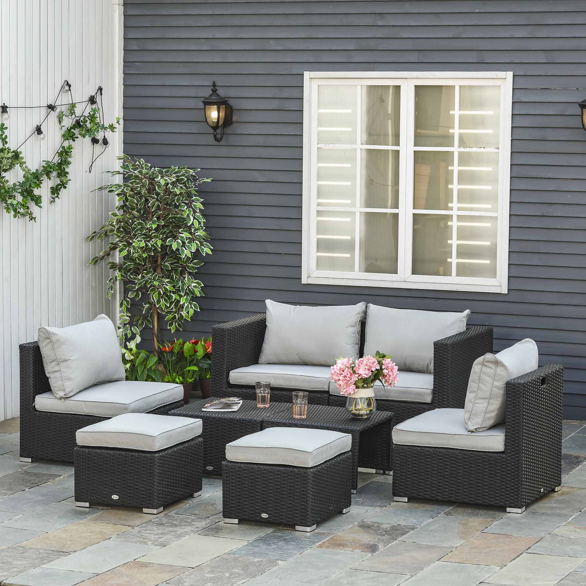 Outsunny 8 Pieces PE Rattan Sofa Set with Cushions, Garden Corner Sofa with 4 Seater Sofa, 2 Footstools and 2 Coffee Table Set, Space-saving Design, No Assembly Required, Black 