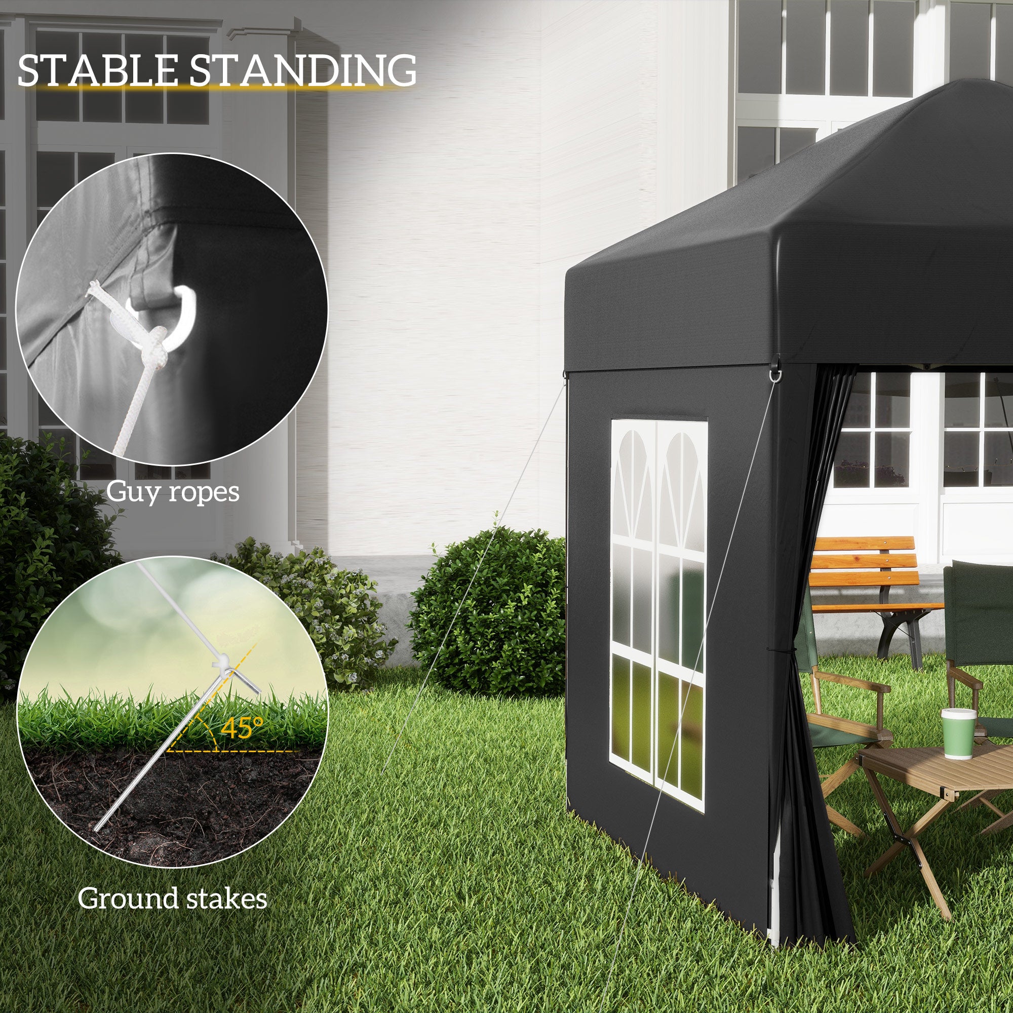 Outsunny 2 x 2 m Garden Pop Up Gazebo, Wedding Party Tent Marquee, Water Resistant Awning Canopy with Sidewalls, Windows, Carry Bag, Black 