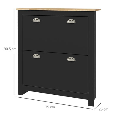 HOMCOM 2 Drawer Shoe Cabinet Modern Narrow Shoe Cupboard Hallway Wooden Storage Organiser with Flip Doors Adjustable Shelf for 12 Pairs, Black 