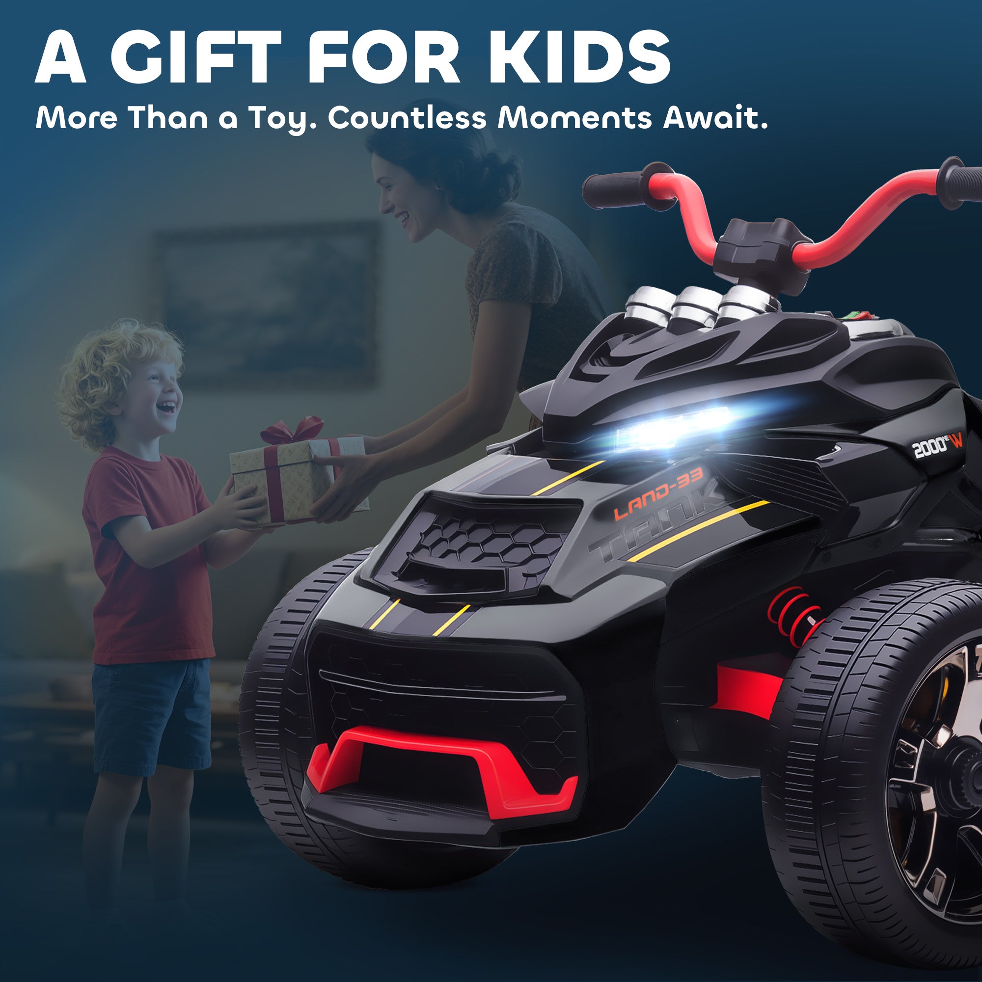 AIYAPLAY 12V Kids Electric Ride On Car with 3 Wheeler, MP3 Player, Horn, 2 Speeds, LED Lights for Boys & Girls Ages 3-8, Black 