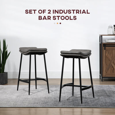 HOMCOM Breakfast Bar Stools Set of 2, Microfibre Upholstered Barstools, Industrial Bar Chairs with Curved Seat and Steel Frame for Dining Room, Kitchen, Grey 