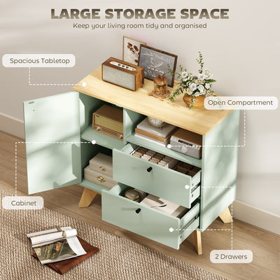 HOMCOM Sideboard Storage Cabinet, 80 cm Buffet Cabinet with 2 Drawers, Open Compartment, Adjustable Shelf, Light Green and Oak 