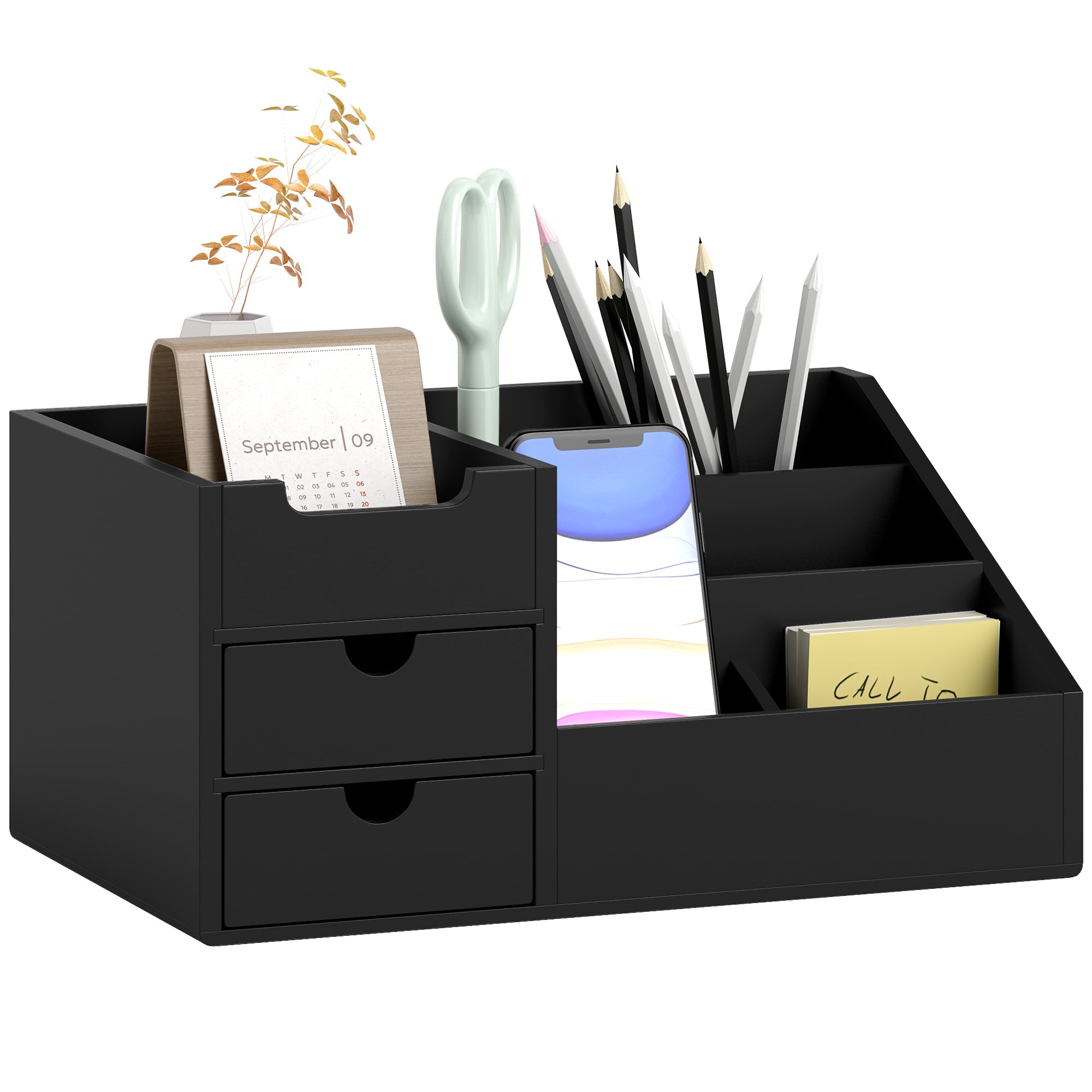 HOMCOM Desk Organiser Holder, Bamboo Multi-Function Storage Caddy with 7 Storage Compartments and 2 Drawers for Home Office Stationary Supplies, Black 